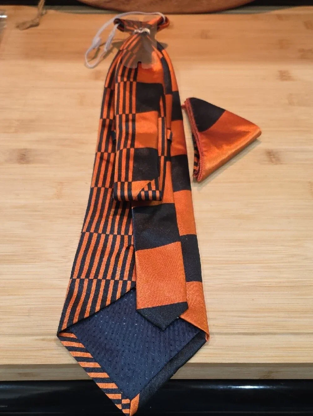 Men's Orange and Black Checker & Stripe Tie with Matching Pocket Square.